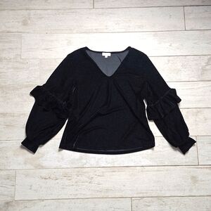 S'EDGE Romantic Black Velvet Ruffle Holiday Blouse Medium